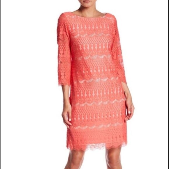 Eliza J Dresses & Skirts - Eliza J 3/4 Length Sleeve Lace Shift Dress Coral Pink Boat Neck Size 6